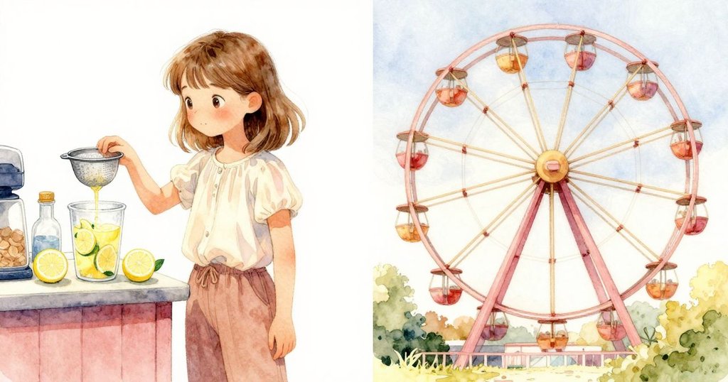 Tatiana 一邊在檸檬水櫃台用篩子灑糖,一邊回憶白天摩天輪轉動,雙畫面展示活力與懷舊情懷