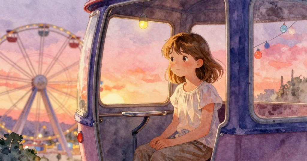 Tatiana 在摩天輪車廂內依靠欄杆凝視窗外滑動彩燈,夏日氛圍溫暖而富有懷舊感