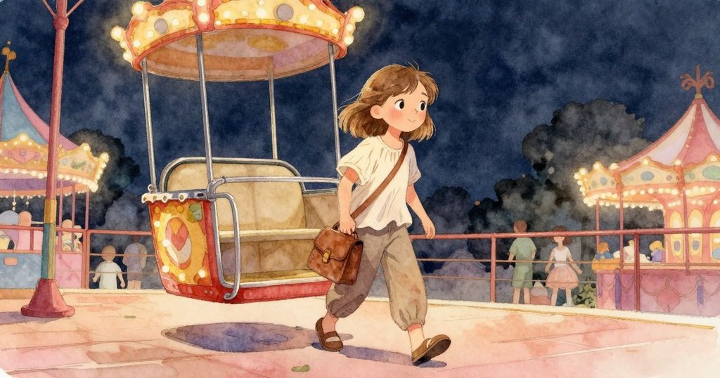 Tatiana 在平臺上下車,輕握書包離開摩天輪,溫柔夕陽映照著還留溫度的長椅,結束一天冒險