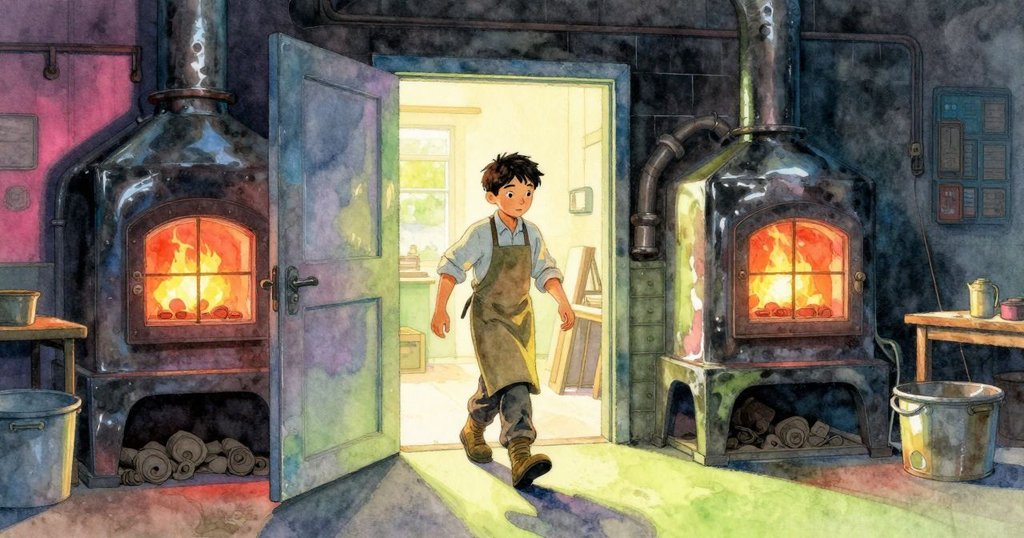 巴雷特走進充滿工業感的玻璃工坊大門,熔爐光照耀下充滿期待與堅定。