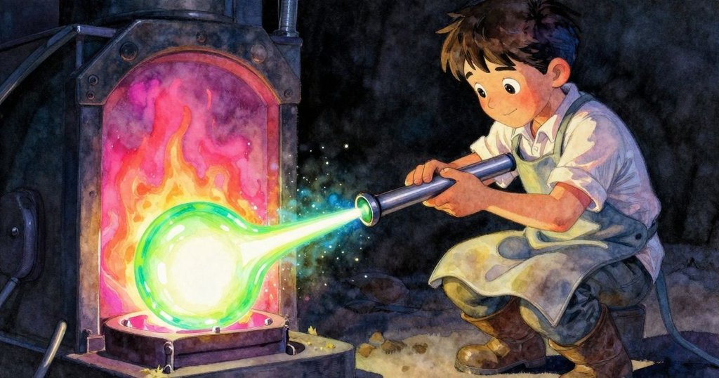 巴雷特專注操作吹管,手中熔融玻璃散發霓虹光芒,展現專業技藝與熱情。