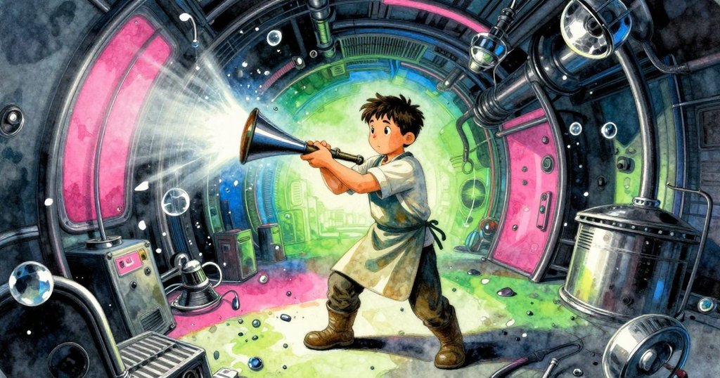 巴雷特的吹管快速旋轉中,金屬玻璃碎片在扭曲視角下飛舞,帶來動感與神秘氛圍。