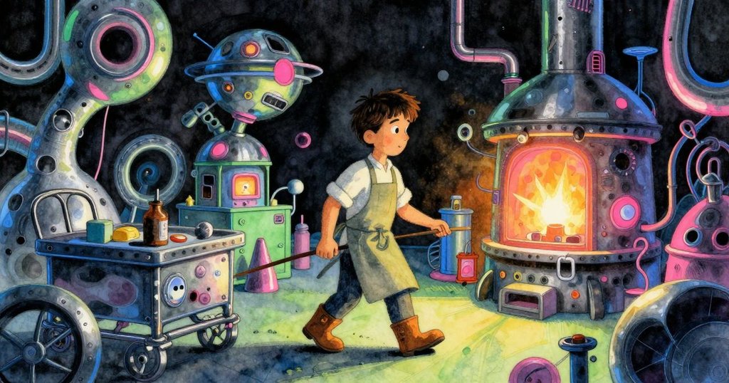 巴雷特在不可能幾何的工坊中前行,周圍充滿抽象鋼車與奇幻結構,充滿神秘與燃燒光影。