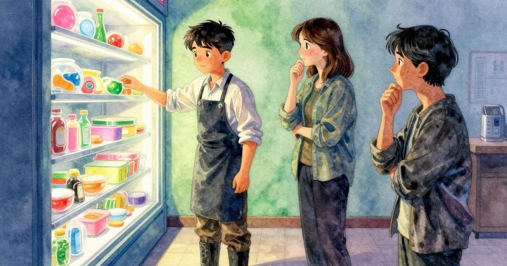 巴雷特與兩位訪客在冷卻玻璃架邊討論,柔和霓虹燈光突顯其認真與溫暖情感。