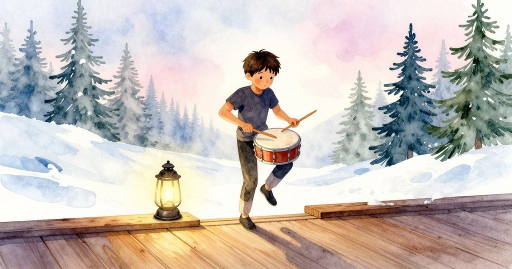 灰踏過低門檻進入搖晃舞台,燈籠散發柔光,動作穩健而專注,開始演奏前充滿期待。