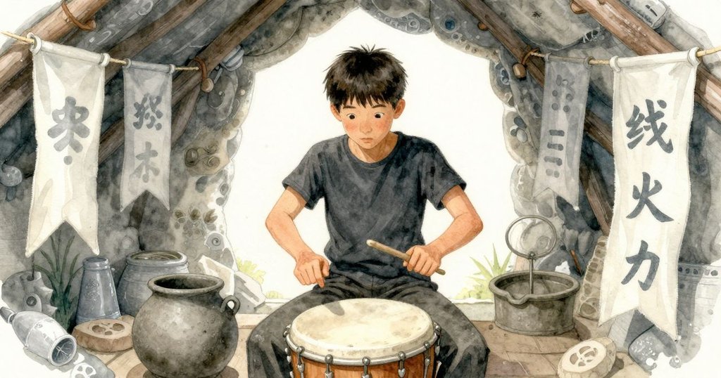 灰在狹窄室內發現黏土瓶,手臂輕輕攪動落粉,背景布幔疊置,空間角度呈現奇幻效果。