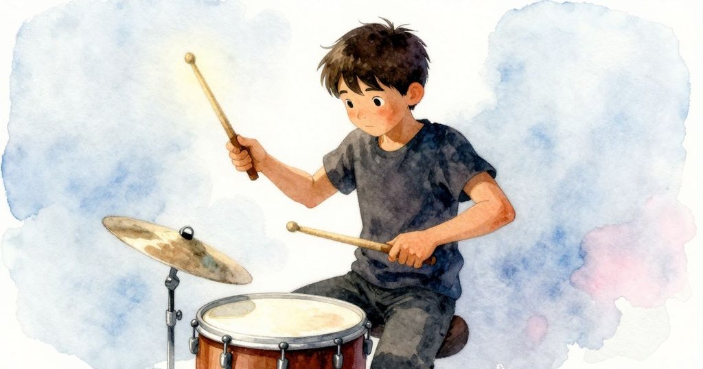 灰擊鼓瞬間定格,鼓棒輕滑鼓邊,神情凝聚專注,瞬間動作充滿戲劇張力。