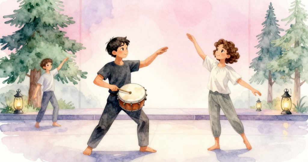 灰與波比在燈光下寧靜站立於舞台,背景夜空柔和,動作從演奏激盪到最終安詳,情感溫馨流動。