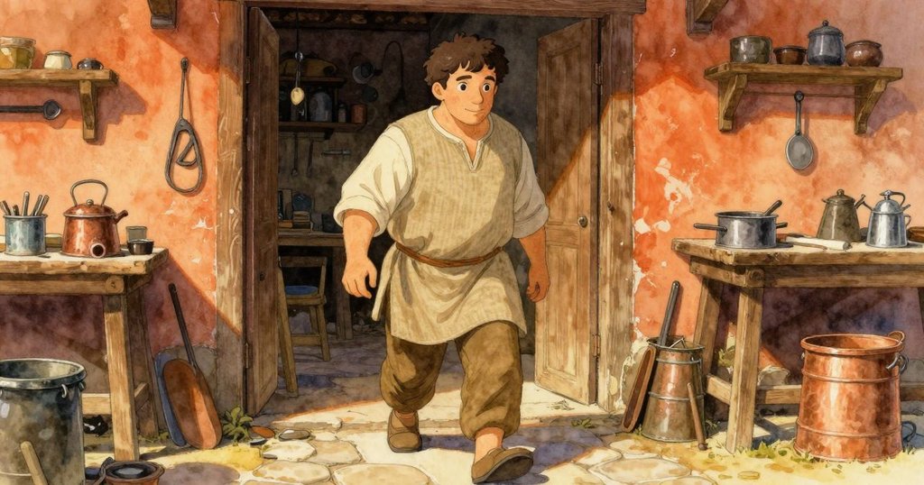 Trent踏入琥珀工坊, 落日餘暉映照進入瞬間, 周圍老舊工具與地板散落樹脂, 氣氛平靜期待