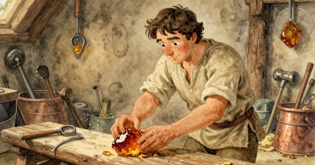 Trent小心將琥珀塊置於老舊工作台上, 樹脂塵粉猶如鹽般漫落, 氣氛古老而靜謐