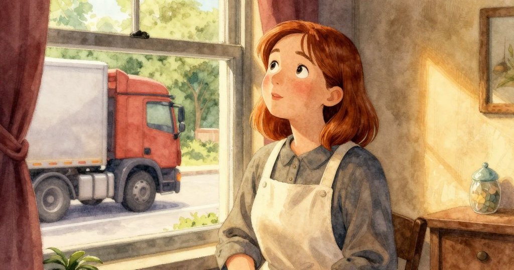 Ursa靠窗凝望外面, 聽見遠處貨車轟鳴, 玻璃微振映出室內溫暖光線與古舊氣息