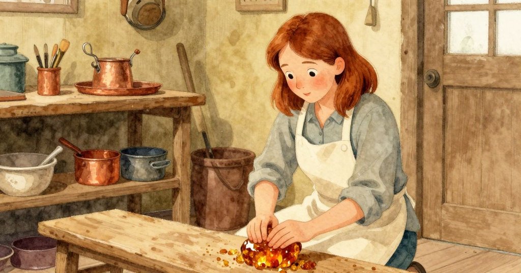 Ursa跪於工作台邊, 用粗砂摩擦琥珀塊, 松樹糖漿與石粉氣息交織, 表情專注且溫柔