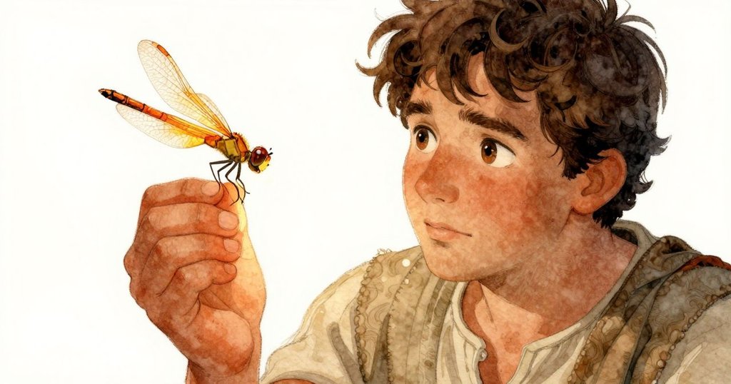 Trent舉起琥珀塊, 內部隱約露出龍蝴蜓腳, 微光中呈現精緻細節, 臉上驚喜與好奇流露