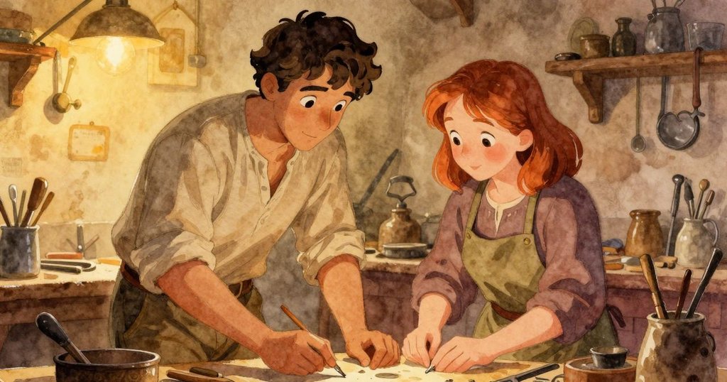 Trent與Ursa在工作室內相聚, 共同探討琥珀奧秘, 燦爛光芒映襯溫暖場景, 彼此眼中充滿驚奇