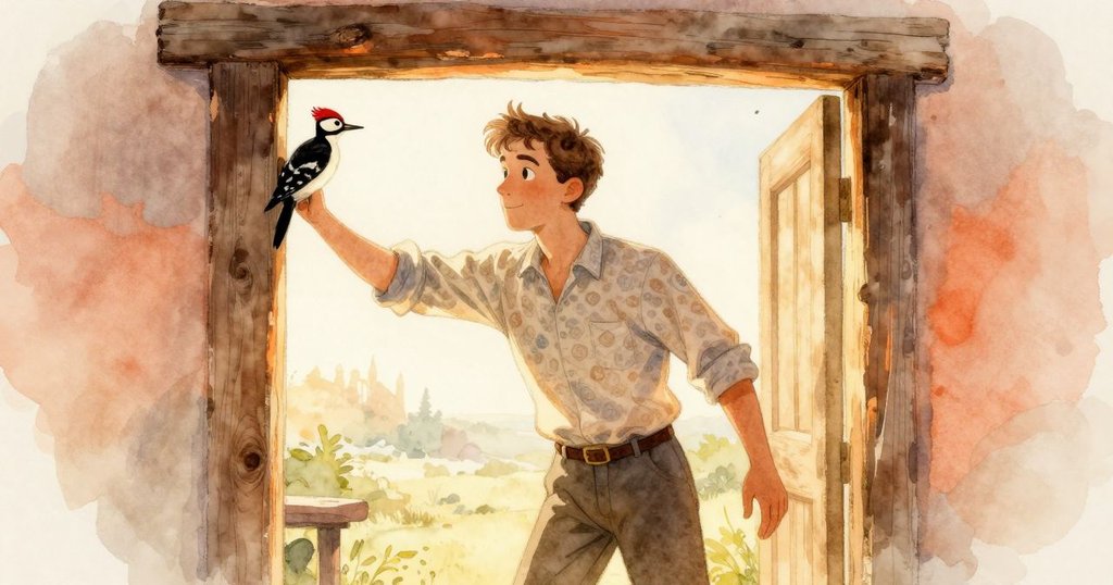 Everett走入重繞室，注意窗外樑上木啄木鳥敲擊，心情好奇興奮，晨光中故事開始展開