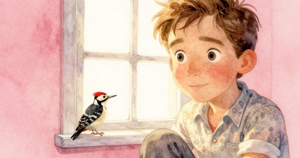 Everett凝視窗外敲擊的木啄木鳥，面部表情專注期待，溫暖光線映照出故事轉折