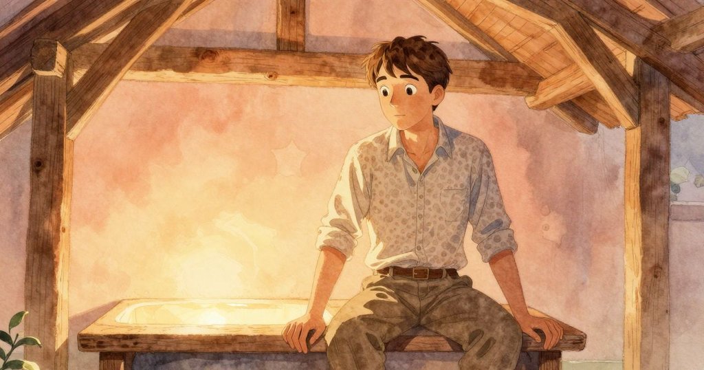 Everett坐在窄長椅上，專注於操作木撬棒，旁邊的盆中繭狀物發出溫暖琥珀光芒，室內古樸而溫馨