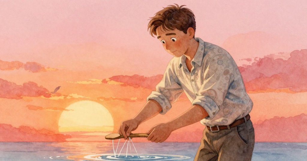 Everett專心操作細絲，手中翻轉動作與木啄木鳥節奏呼應，溫暖夕陽光芒映照出專注情緒