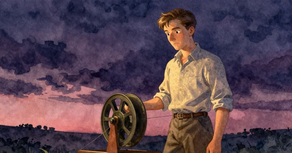 Everett堅定轉動曲柄，古舊捲軸與細絲延伸，神秘繭層隱藏秘密，房內光影交織續寫故事