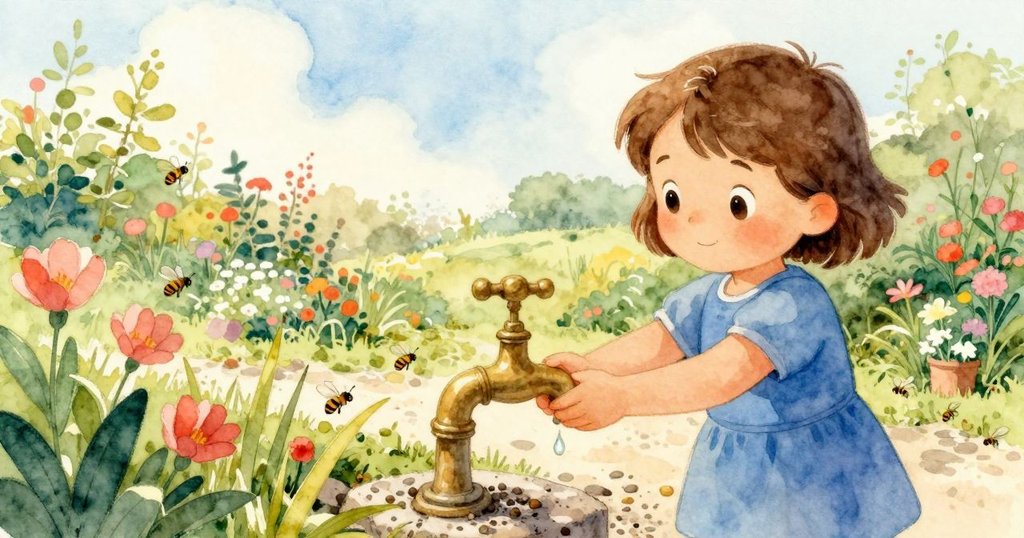 Ruby在花園中輕觸銅質水龍頭，水滴落在石子上，蜜蜂圍繞花朵飛舞，陽光明媚，充滿生機與好奇。