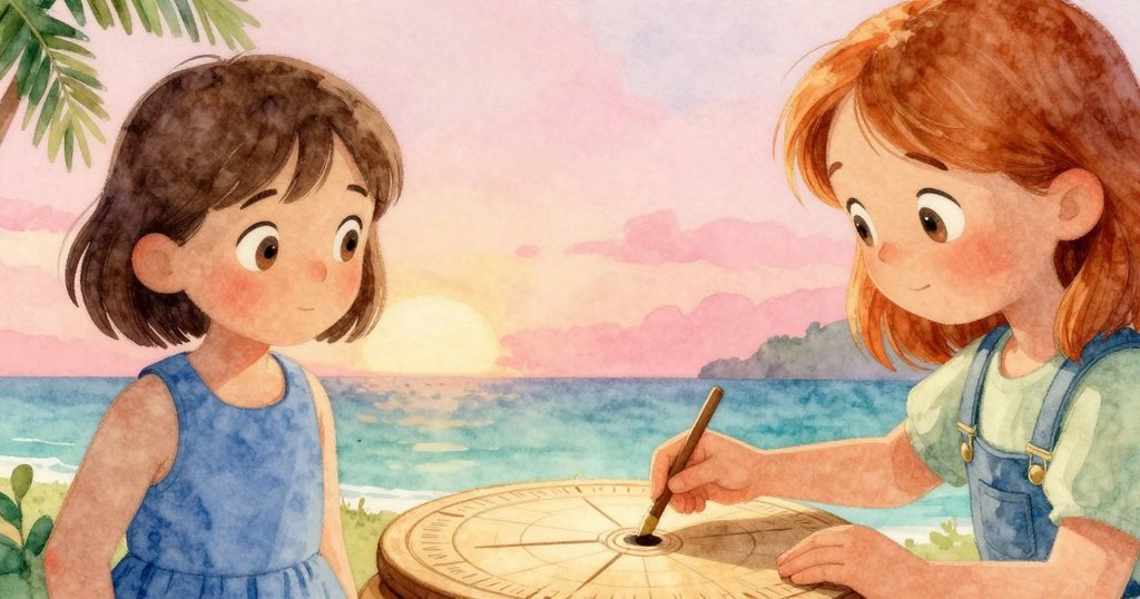 Ruby用手指細細劃過日晷上的刻痕，感受光影交錯，展現專注與時間流轉的靜謐氛圍。