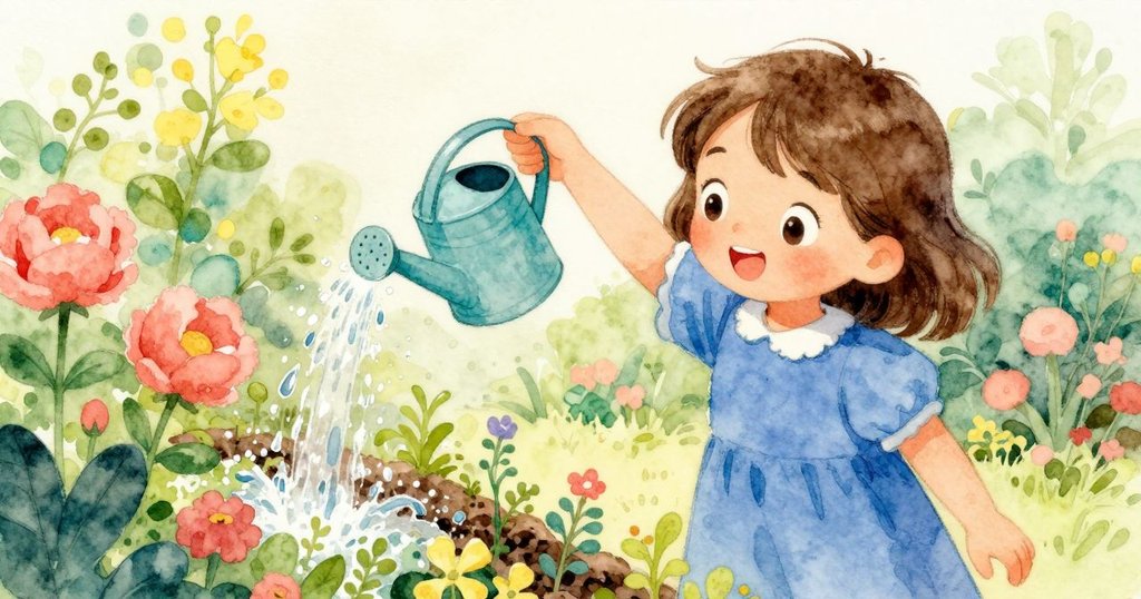 Ruby傾灑銅質灌溉壺中的水流，水珠緩緩落於香草床上，動感角度呈現庭園自然韻律。