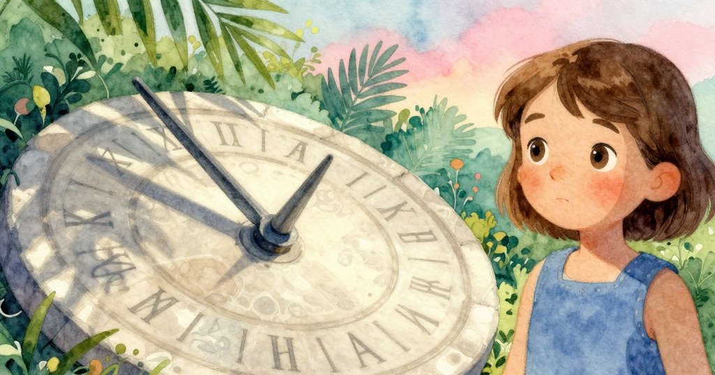 Ruby仔細劃線追蹤日晷影子，細膩石紋與抽象幾何交織，營造出一種神秘且超現實的庭園情境。