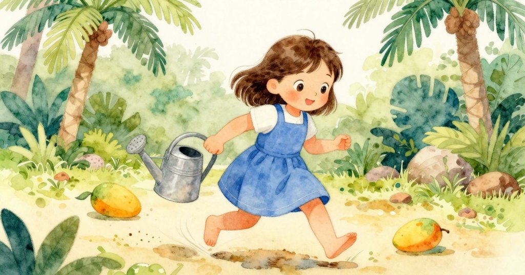 Ruby從灌溉壺旁退後，眉宇間透出緊張與專注，庭園地面微微共鳴出自然韻律，動態生動。