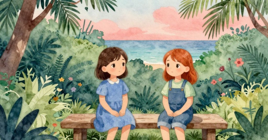 夕陽低垂，Xenia坐於古老長凳上，Ruby站在一旁靜聽庭園低語，氛圍寧靜祥和，展現結局的和谐之美。