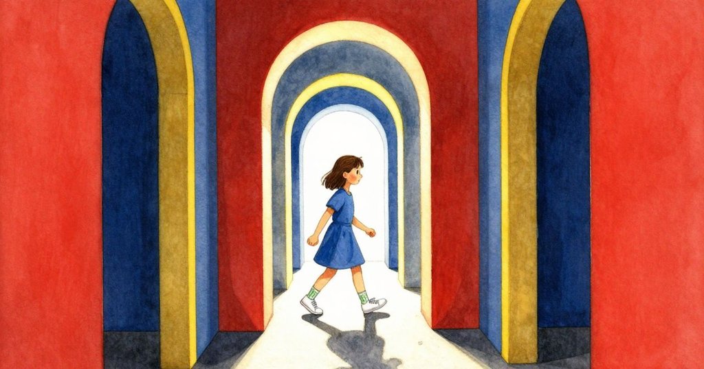 艾絲泰爾從熱烈的外界走進涼爽鏡迷宮,剪影映在明亮背景中,展現冒險故事的開始