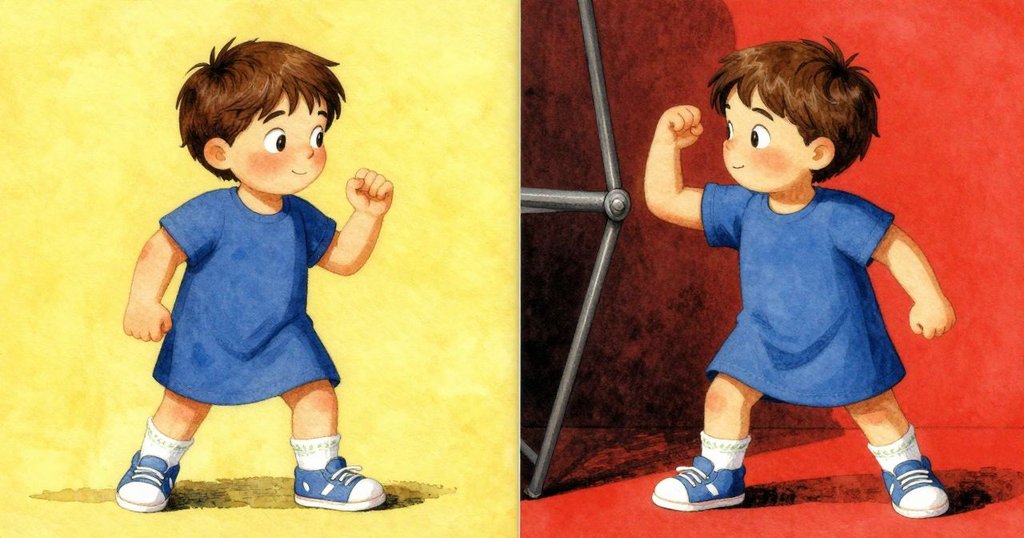 艾絲泰爾一邊疑惑地看著倒影,一邊因金屬邊框而受到牽拉,畫面分割呈現兩種情境,展現探索與突發瞬間