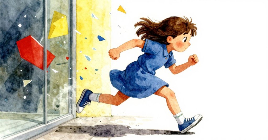 艾絲泰爾在迷宮中急速移動,側身躲避推擠她的玻璃牆,四周散落著變幻莫測的碎彩光影,充滿緊迫感