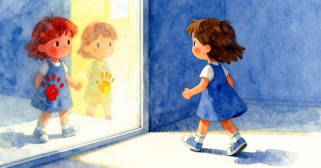 艾絲泰爾走向透著日光的玻璃出口,輕輕留下一道濕漉手印,充滿告別迷宮、迎向新希望的溫暖情感