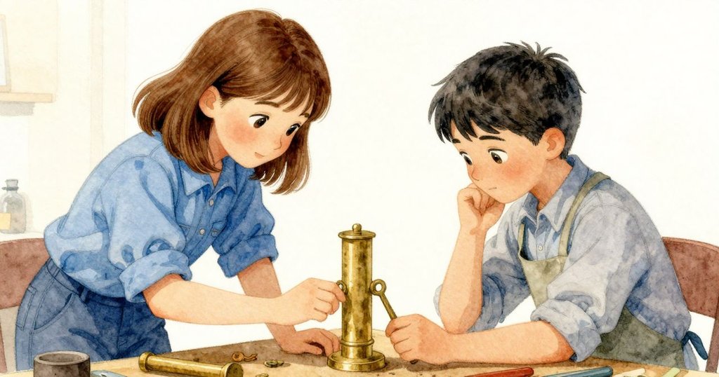 格里爾與奧倫在工坊中合作，奧倫用放大鏡觀察圓筒，格里爾專心舉著鑰匙，展現專注互動。