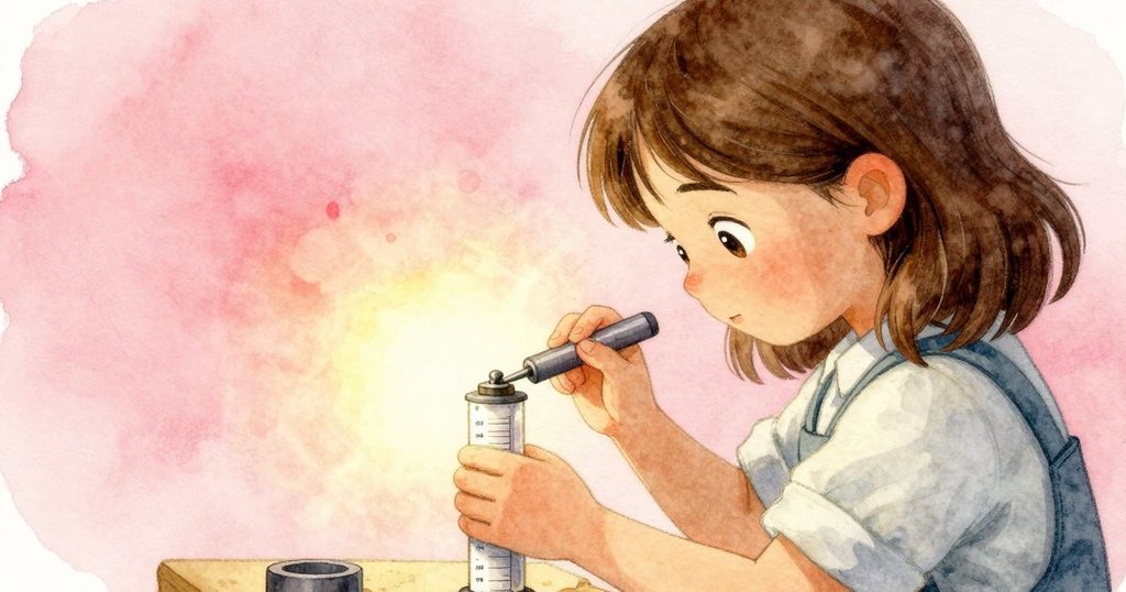 從格里爾肩後視角聚焦圓筒與微彎銷子，她輕觸工具精細操作，畫面充滿細膩工坊細節。