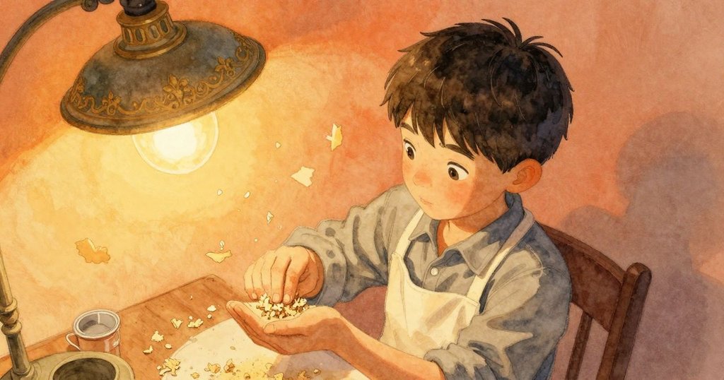 奧倫在俯視角下專心設定銷子，燈光中鋸末輕舞，精緻葉紋蓋子映出溫暖工坊之美。