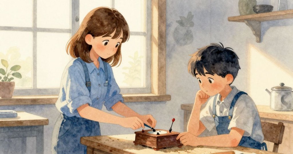 完成的音樂盒靜臥工作台上，窗外夕陽斜照，溫暖光線灑落，故事達到圓滿平靜的結局。