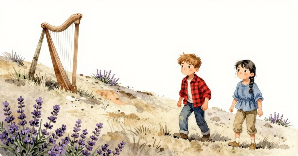 Callum與Bea站在山坡上探索風琴，背景有香草叢與傾斜櫸樹，環境充滿生機與溫暖光線。