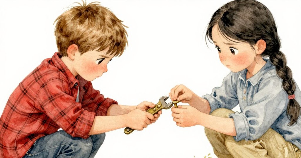 Callum專注地用扳手調整黃銅釘，近距離展現手部動作與細節，充滿決心與專注。