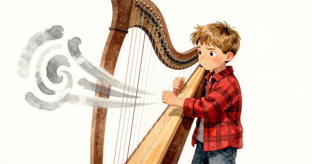 Callum凝視風琴弦振動產生的聲波，畫面扭曲呈現抽象音韻，環境夢幻且充滿動感。