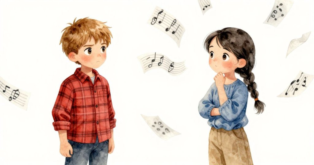 畫面左右分割，一邊Callum調整工具，一邊呈現夢幻音符，Bea側目注視，充滿現實與幻想交織的感覺。