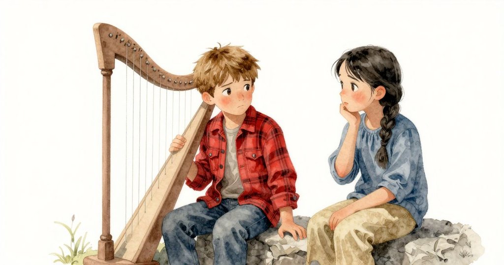 Callum與Bea坐在溫暖石座上聆聽風琴回響，背景呈現寧靜山谷與細微自然聲音，結局富含思索與開放感。