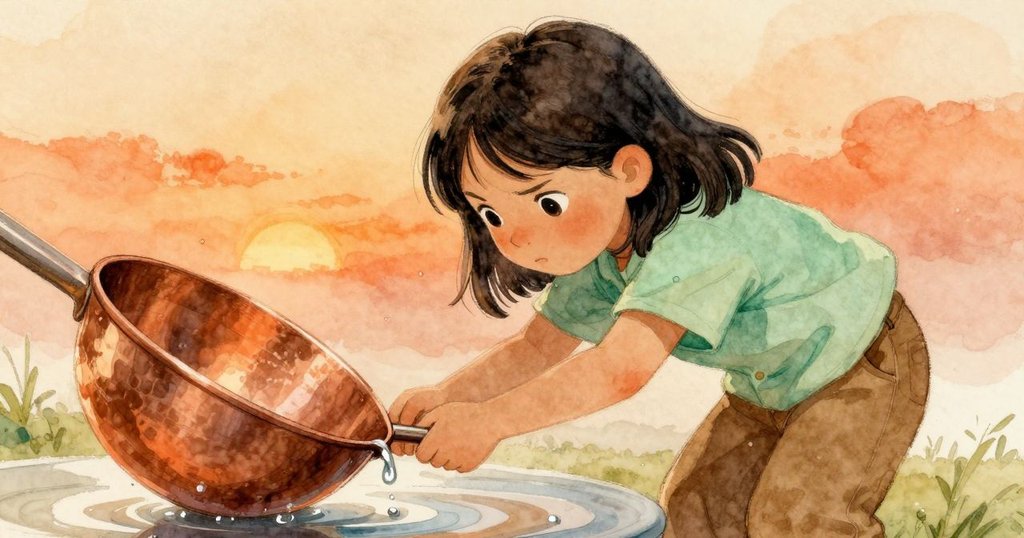 小水滴正準備觸碰細膩銅鏟的邊緣，特寫展現水與金屬間反射出的光彩，畫面細節豐富