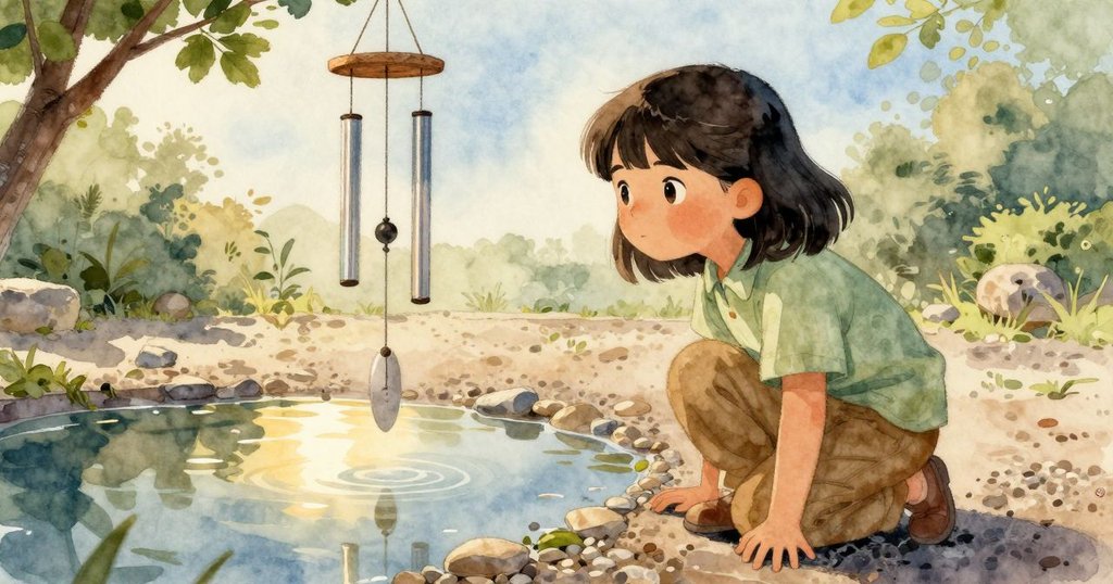 小戴娜站在古舊座椅旁，注視著風鈴及濕潤石砾中交織出的倒影，眼神充滿好奇與輕柔驚喜