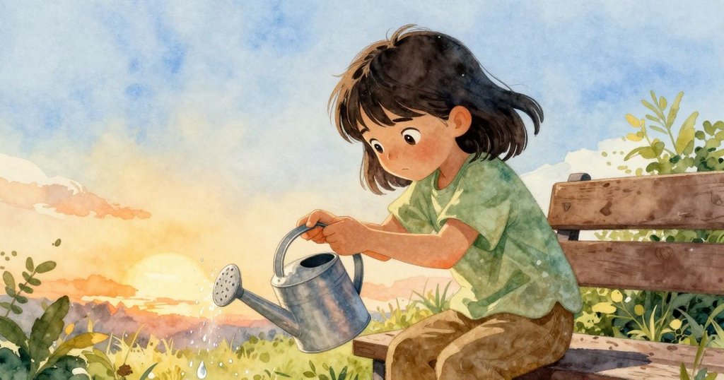 小戴娜專注調整澆水壺，手法細膩穩定水流，周遭器具隨動微妙晃動，臉上滿是專注與決心