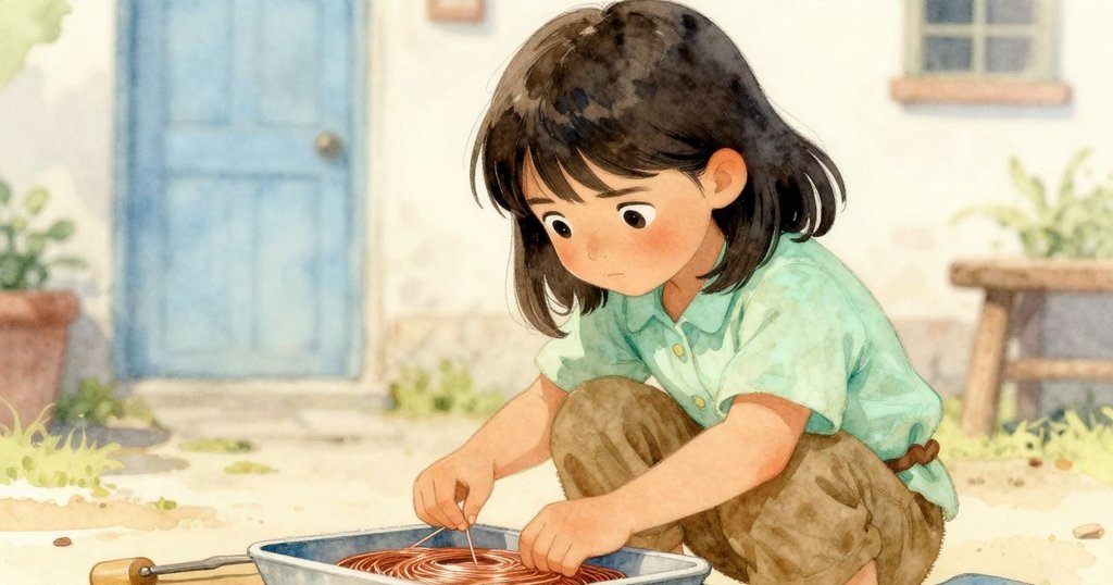 小戴娜將銅線輕放入工具盤中，神情平和滿足，背景庭院重現寧靜韻律，餘音繚繞於溫柔晨光中