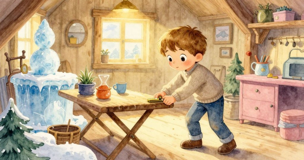 溫斯頓在小木屋中操作黃銅插銷，環境中堆滿各種物品，神情專注，溫暖的燈光營造溫馨感