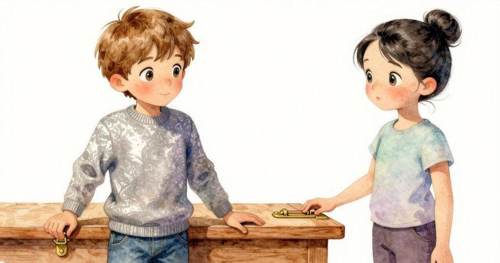 溫斯頓的手輕觸桌面，揭示隱藏的機構，特寫展示黃銅插銷、木紋與銅棒，光線柔和