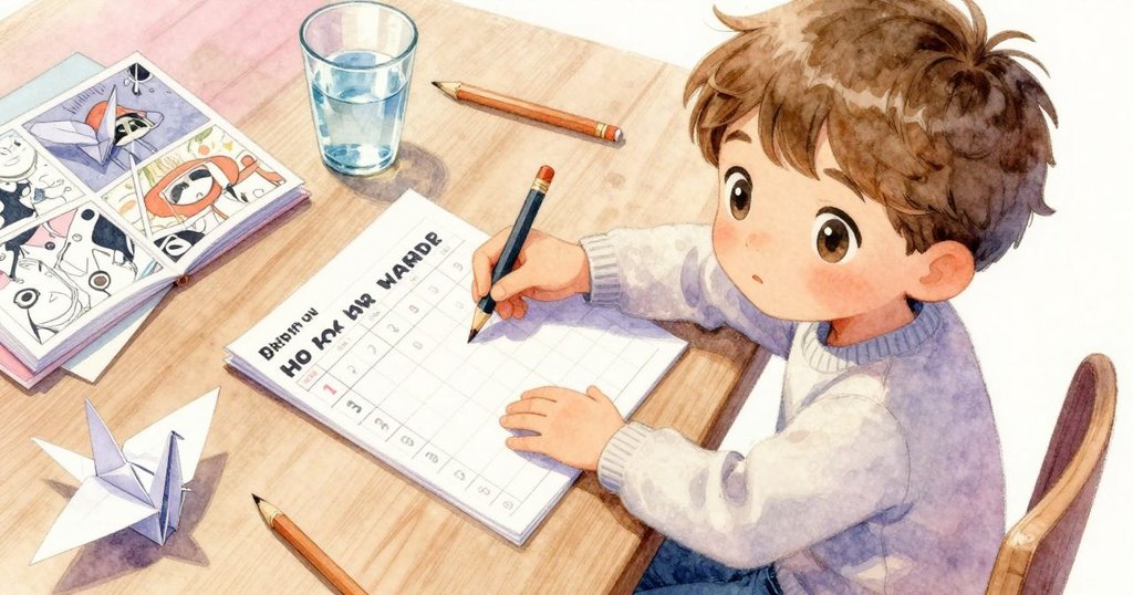 從高處俯瞰溫斯頓仔細堆疊各種物品於桌上，面容專注，桌面物品層次分明，室內光線柔和