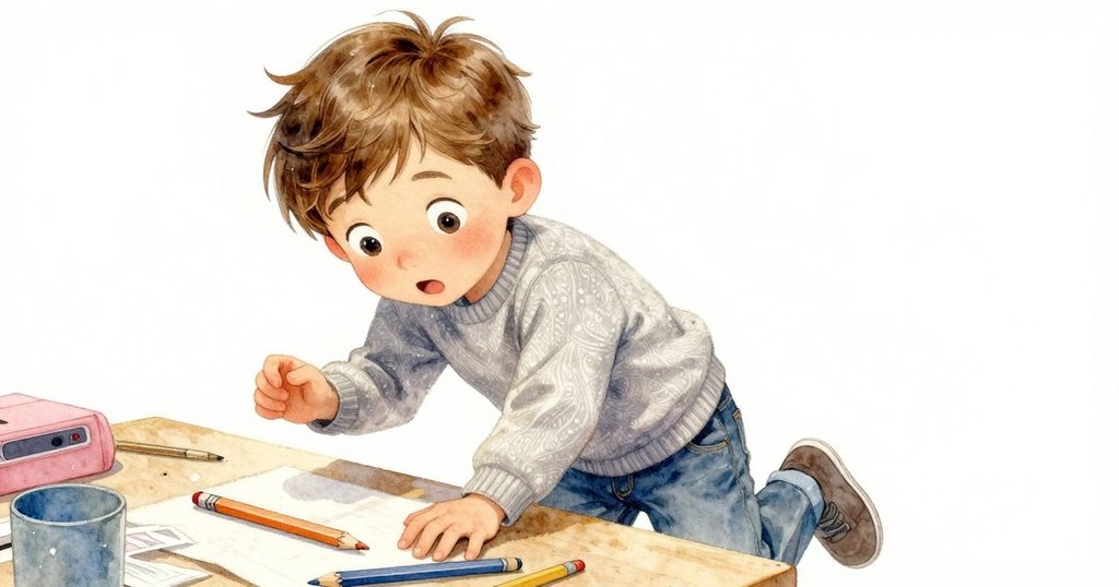 分鏡定格瞬間，鉛筆從混亂桌面滾下擊中溫斯頓膝部，面露驚訝與專注，物品輕微移動